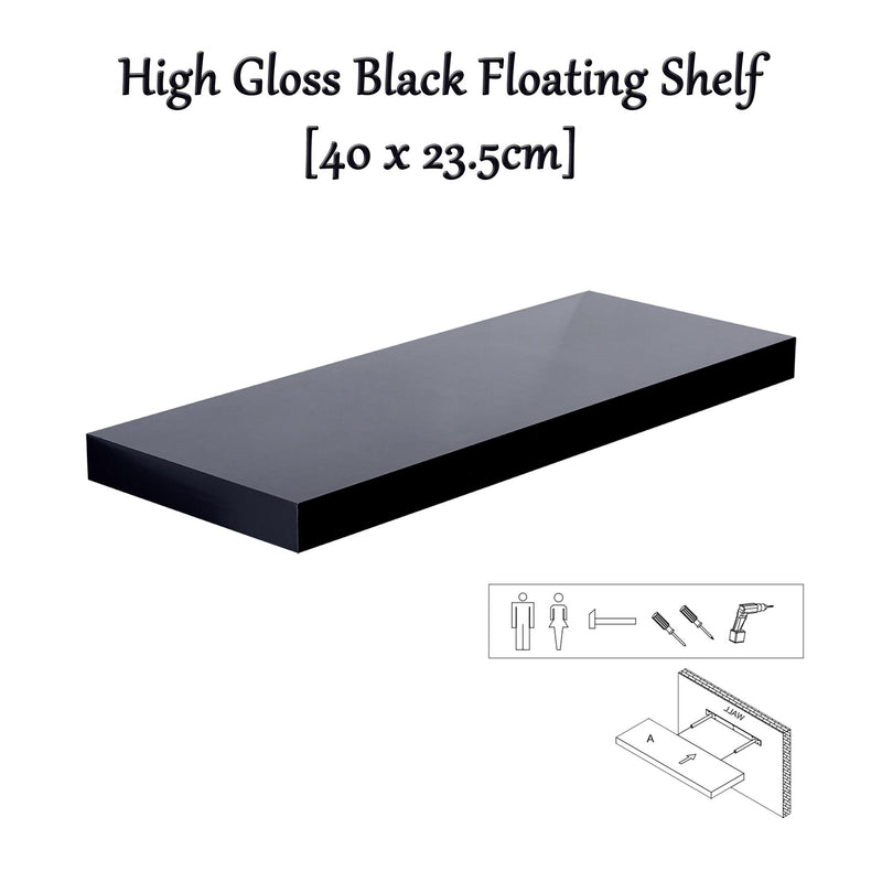 Sleek High Gloss Black Floating Shelf - Versatile Sizes Available