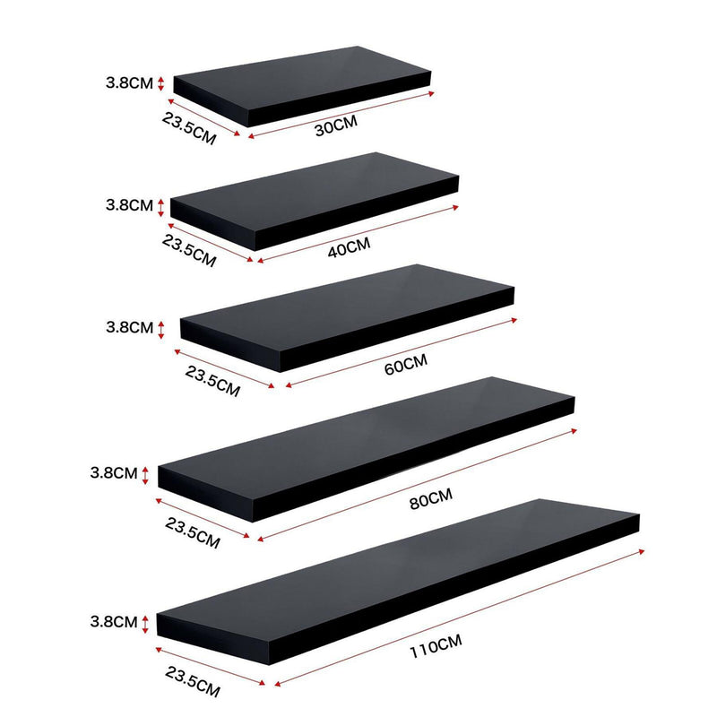 Sleek High Gloss Black Floating Shelf - Versatile Sizes Available