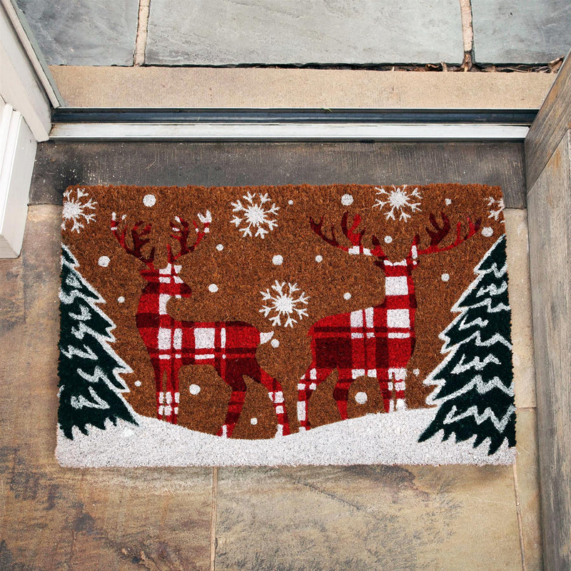 Checked Reindeers Christmas Coir Door Anti-Slip Mat 40 x 60cm - Exclusive Deals - Exclusive Deals