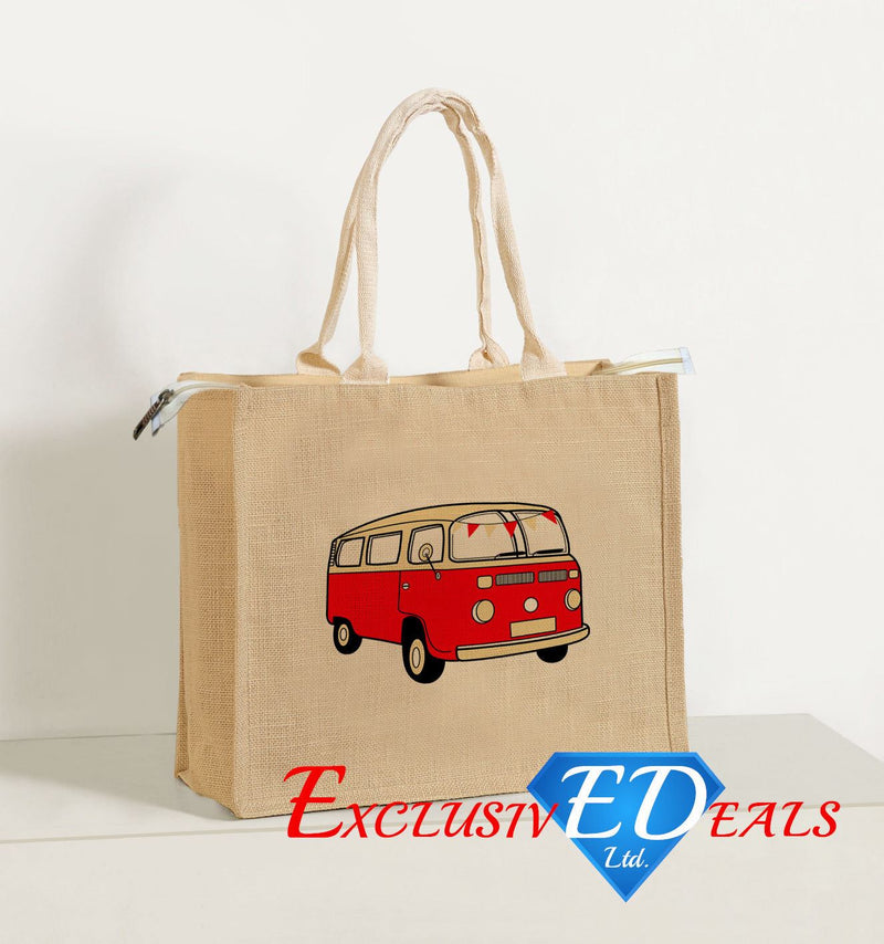 Camper Van Red Jute Shopping Bag Hessian - Exclusive Deals Ltd - Exclusive Deals