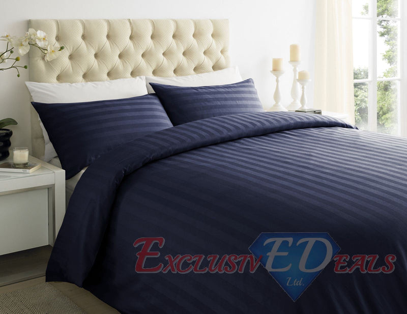 250TC 100% EGYPTIAN COTTON SATEEN STRIPE Duvet Quilt Cover Bedding Set Duvet Cover / Super King / Navy Blue - Exclusive Deals Ltd - Exclusive Deals