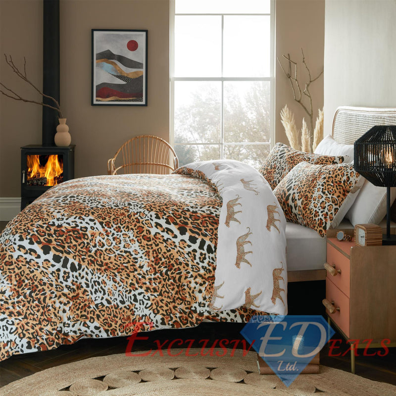 Brushed Cotton Printed Duvet Cover Leopard Check Stars Print Brushed Cotton / Single / Orange Brown Leopard - Exclusive Deals Ltd - Exclusive Deals