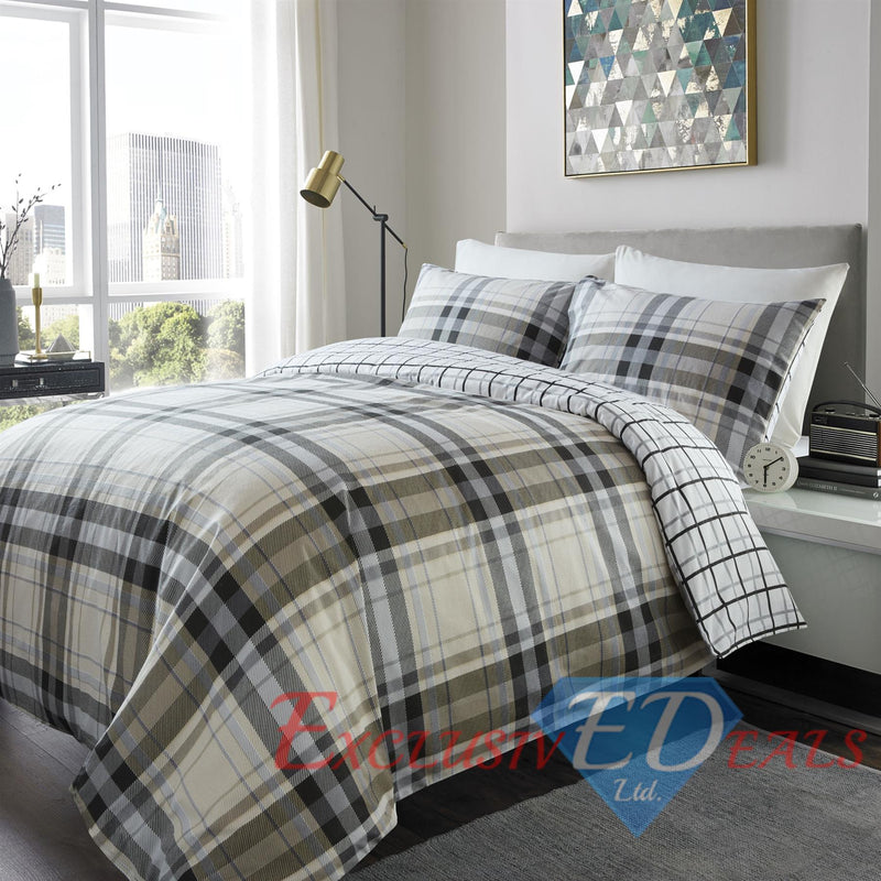Brushed Cotton Printed Duvet Cover Leopard Check Stars Print Brushed Cotton / King / Grey & Black Check - Exclusive Deals Ltd - Exclusive Deals