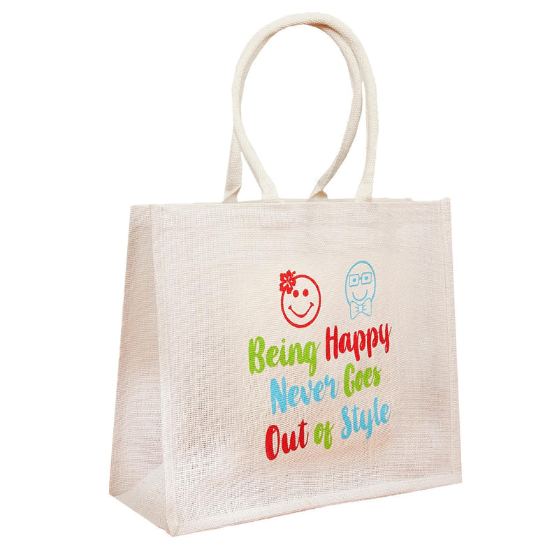 Large Jute Shopping Bags Happy Never Goes Out Of Style - Exclusive Deals - Exclusive Deals